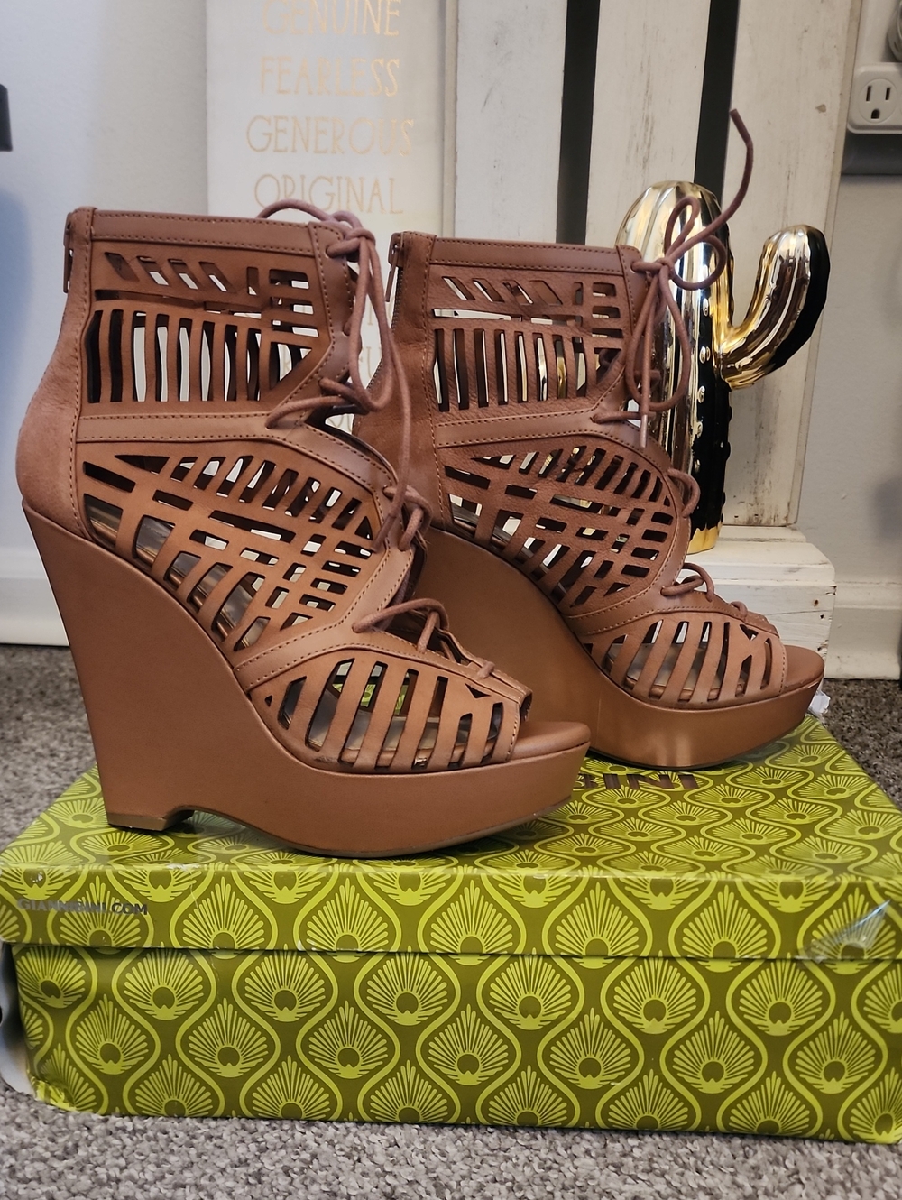 Gianni Bini Tan Cutout Lace-Up Wedge Sandals